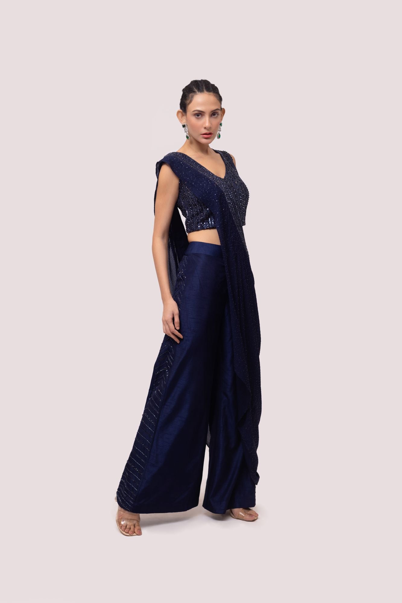 Shop beautiful navy blue embroidered silk chikan palazzo set online in USA. Shop the best and latest designs in embroidered sarees, designer sarees, Anarkali suit, lehengas, sharara suits for weddings and special occasions from Pure Elegance Indian fashion store in USA.-side