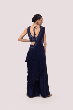 Shop beautiful navy blue embroidered silk chikan palazzo set online in USA. Shop the best and latest designs in embroidered sarees, designer sarees, Anarkali suit, lehengas, sharara suits for weddings and special occasions from Pure Elegance Indian fashion store in USA.-back
