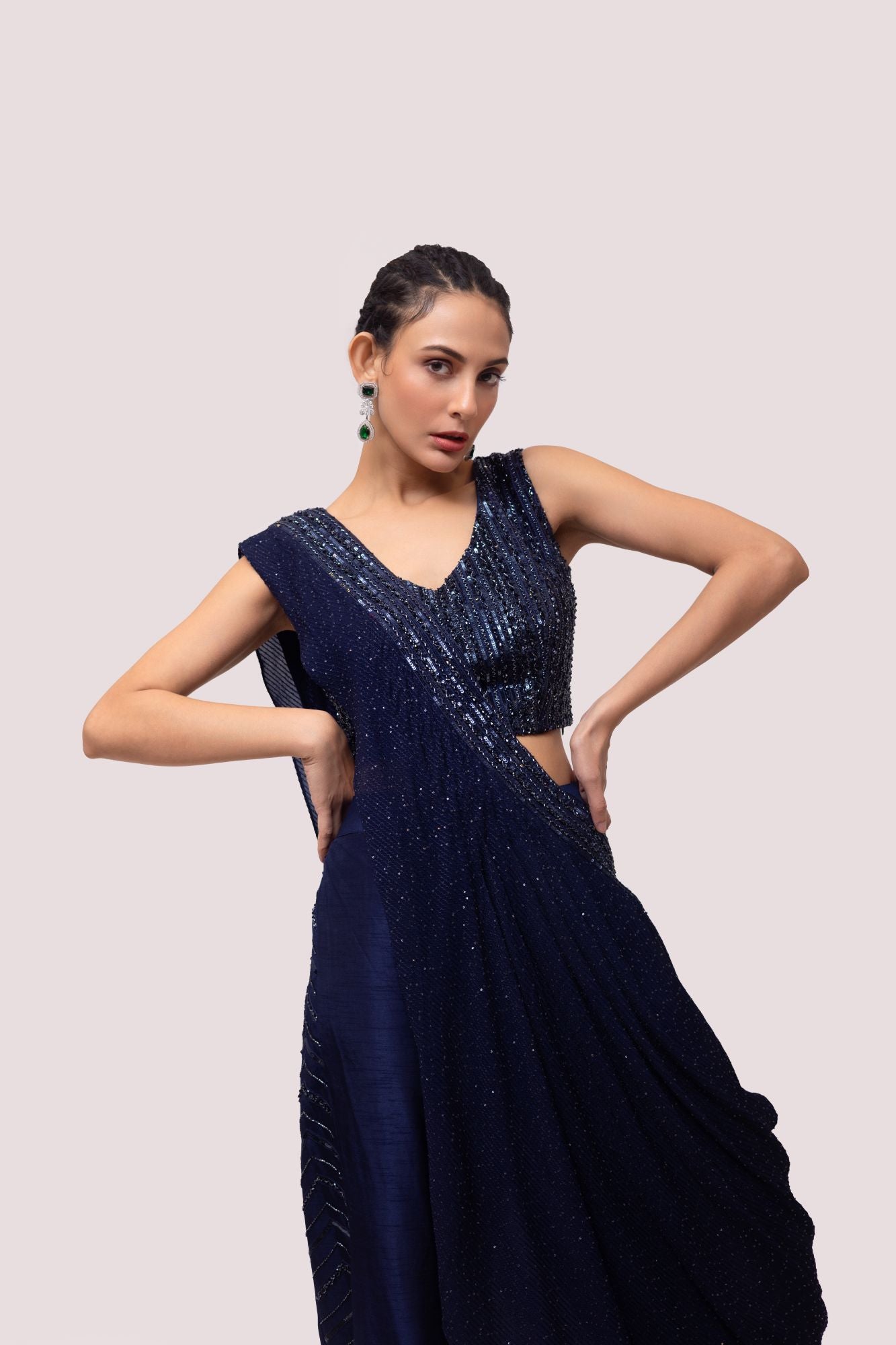Shop beautiful navy blue embroidered silk chikan palazzo set online in USA. Shop the best and latest designs in embroidered sarees, designer sarees, Anarkali suit, lehengas, sharara suits for weddings and special occasions from Pure Elegance Indian fashion store in USA.-closeup