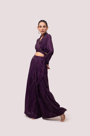 Shop wine embellished printed Kota print co-ord set online in USA. Shop the best and latest designs in embroidered sarees, designer sarees, Anarkali suit, lehengas, sharara suits for weddings and special occasions from Pure Elegance Indian fashion store in USA.-side