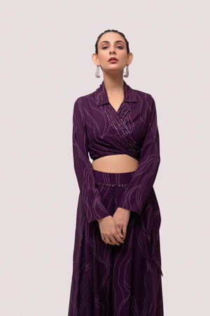 Shop wine embellished printed Kota print co-ord set online in USA. Shop the best and latest designs in embroidered sarees, designer sarees, Anarkali suit, lehengas, sharara suits for weddings and special occasions from Pure Elegance Indian fashion store in USA.-closeup\