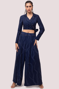 Buy navy blue embellished printed Kota print co-ord set online in USA. Shop the best and latest designs in embroidered sarees, designer sarees, Anarkali suit, lehengas, sharara suits for weddings and special occasions from Pure Elegance Indian fashion store in USA.-full view