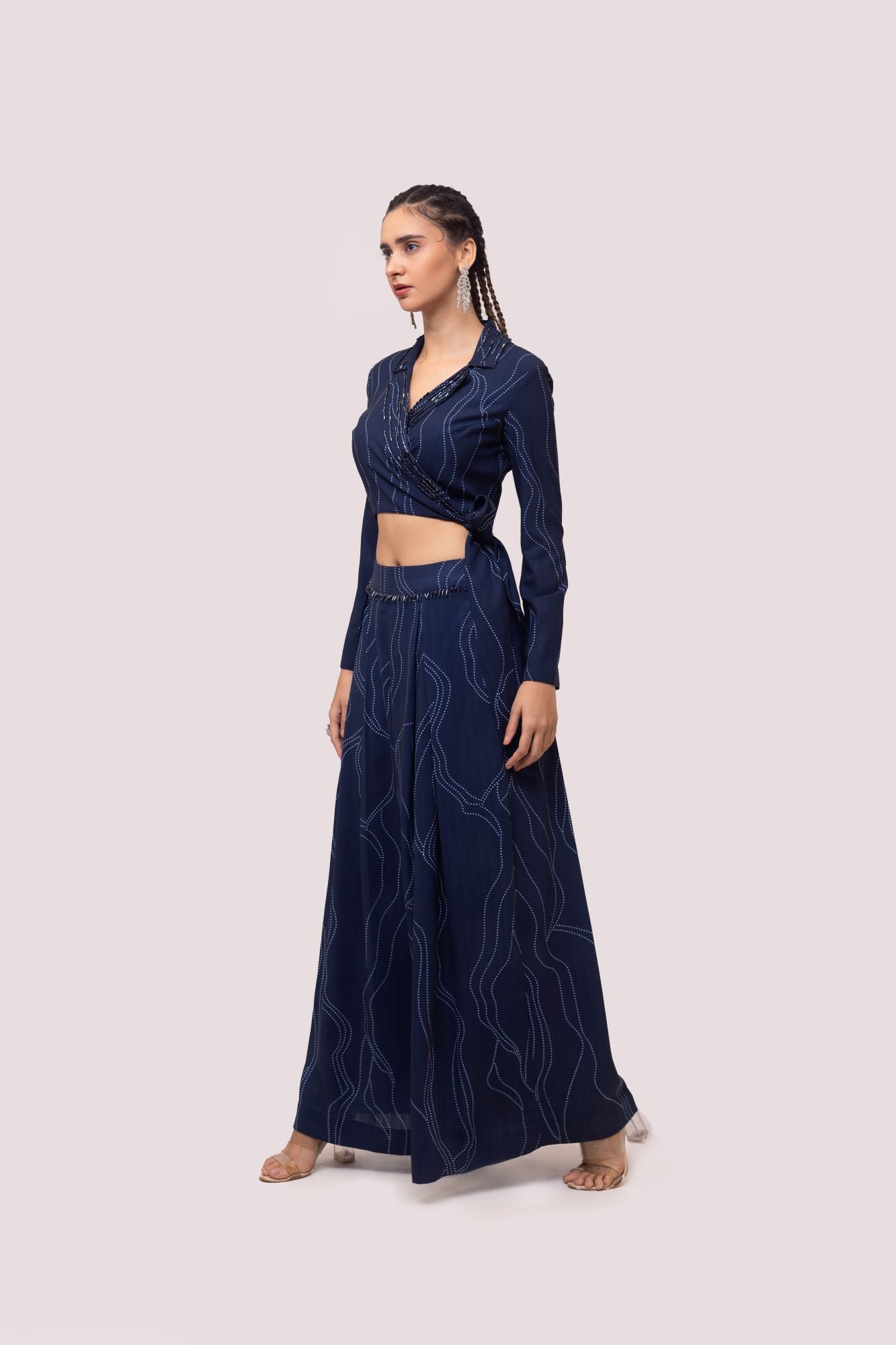 Buy navy blue embellished printed Kota print co-ord set online in USA. Shop the best and latest designs in embroidered sarees, designer sarees, Anarkali suit, lehengas, sharara suits for weddings and special occasions from Pure Elegance Indian fashion store in USA.-left side