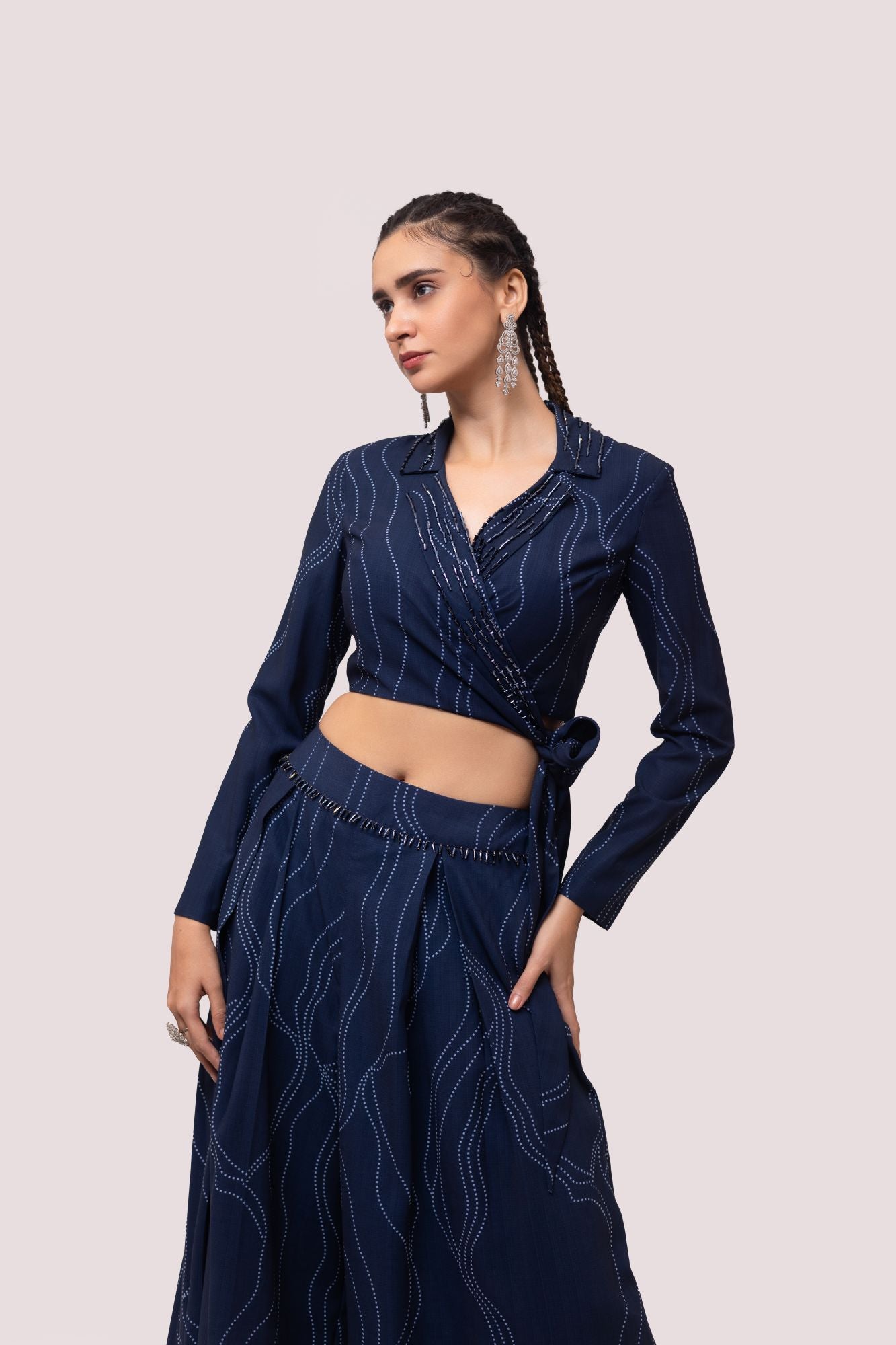 Buy navy blue embellished printed Kota print co-ord set online in USA. Shop the best and latest designs in embroidered sarees, designer sarees, Anarkali suit, lehengas, sharara suits for weddings and special occasions from Pure Elegance Indian fashion store in USA.-closeup