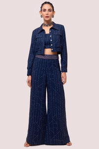 Shop navy blue embellished printed Kota print co-ord set online in USA. Shop the best and latest designs in embroidered sarees, designer sarees, Anarkali suit, lehengas, sharara suits for weddings and special occasions from Pure Elegance Indian fashion store in USA.-full view