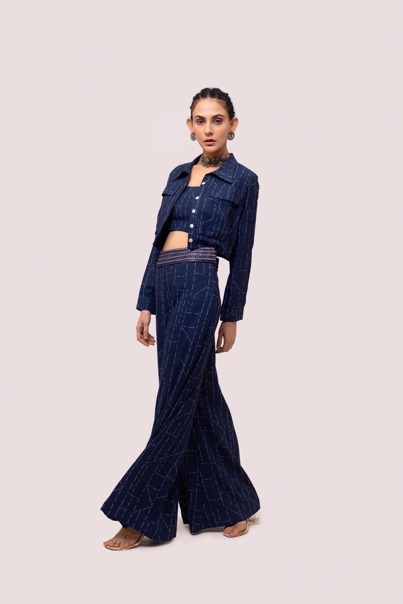 Shop navy blue embellished printed Kota print co-ord set online in USA. Shop the best and latest designs in embroidered sarees, designer sarees, Anarkali suit, lehengas, sharara suits for weddings and special occasions from Pure Elegance Indian fashion store in USA.-side
