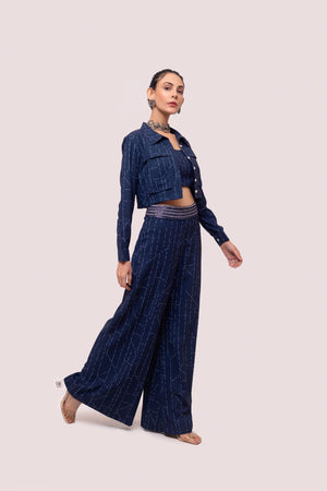 Shop navy blue embellished printed Kota print co-ord set online in USA. Shop the best and latest designs in embroidered sarees, designer sarees, Anarkali suit, lehengas, sharara suits for weddings and special occasions from Pure Elegance Indian fashion store in USA.-side