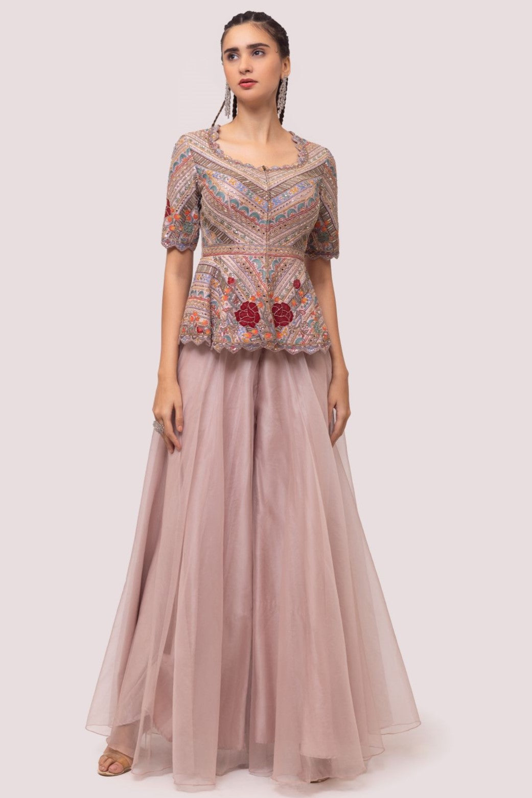 Buy dusty pink embellished palazzo set online in USA. Shop the best and latest designs in embroidered sarees, designer sarees, Anarkali suit, lehengas, sharara suits for weddings and special occasions from Pure Elegance Indian fashion store in USA.-front