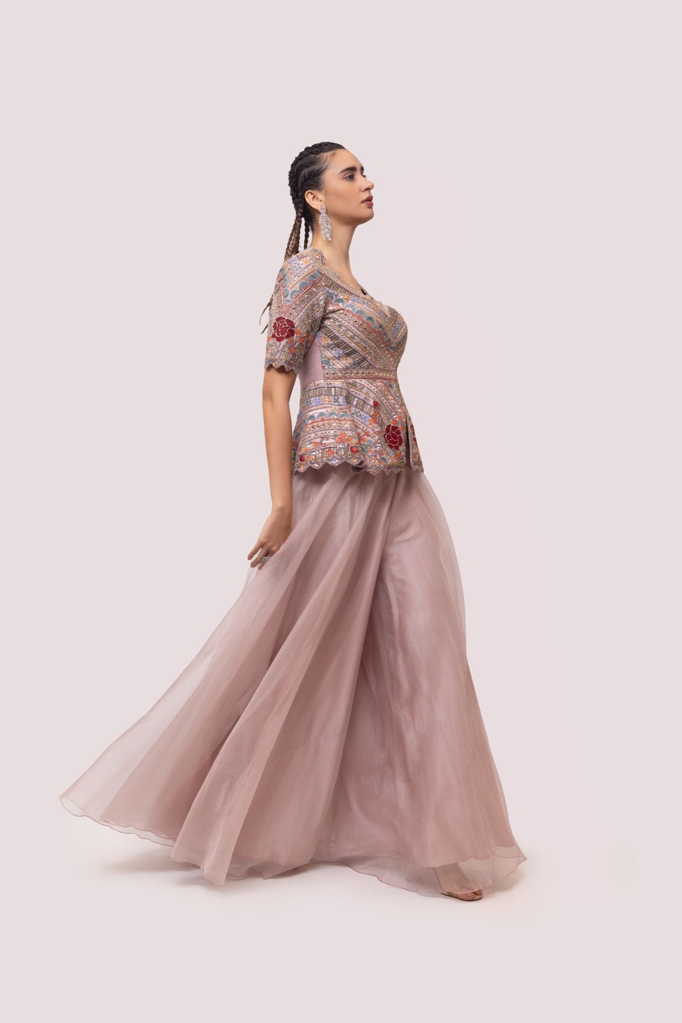 Buy dusty pink embellished palazzo set online in USA. Shop the best and latest designs in embroidered sarees, designer sarees, Anarkali suit, lehengas, sharara suits for weddings and special occasions from Pure Elegance Indian fashion store in USA.-side
