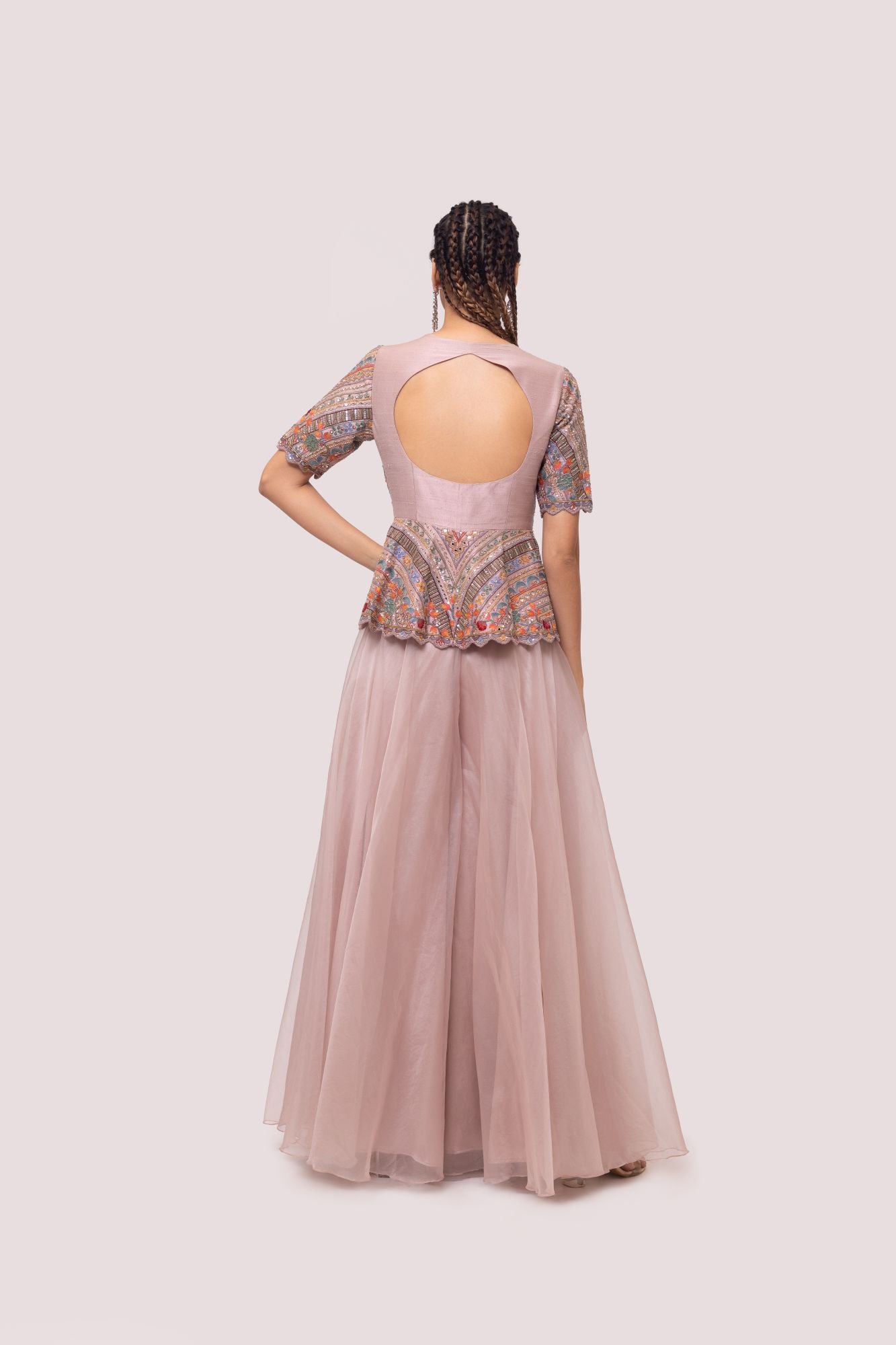 Buy dusty pink embellished palazzo set online in USA. Shop the best and latest designs in embroidered sarees, designer sarees, Anarkali suit, lehengas, sharara suits for weddings and special occasions from Pure Elegance Indian fashion store in USA.-back