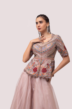 Buy dusty pink embellished palazzo set online in USA. Shop the best and latest designs in embroidered sarees, designer sarees, Anarkali suit, lehengas, sharara suits for weddings and special occasions from Pure Elegance Indian fashion store in USA.-closeup