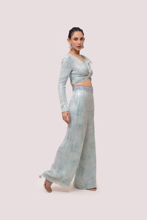 Shop beautiful aqua blue contemporary sequinned co-ord set online in USA. Shop the best and latest designs in embroidered sarees, designer sarees, Anarkali suit, lehengas, sharara suits for weddings and special occasions from Pure Elegance Indian fashion store in USA.-side