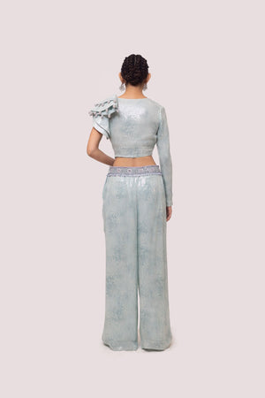 Shop beautiful aqua blue contemporary sequinned co-ord set online in USA. Shop the best and latest designs in embroidered sarees, designer sarees, Anarkali suit, lehengas, sharara suits for weddings and special occasions from Pure Elegance Indian fashion store in USA.-back