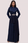 Shop navy blue silk Indowestern dress online in USA with embroidered belt. Shop the best and latest designs in embroidered sarees, designer sarees, Anarkali suit, lehengas, sharara suits for weddings and special occasions from Pure Elegance Indian fashion store in USA.-full view