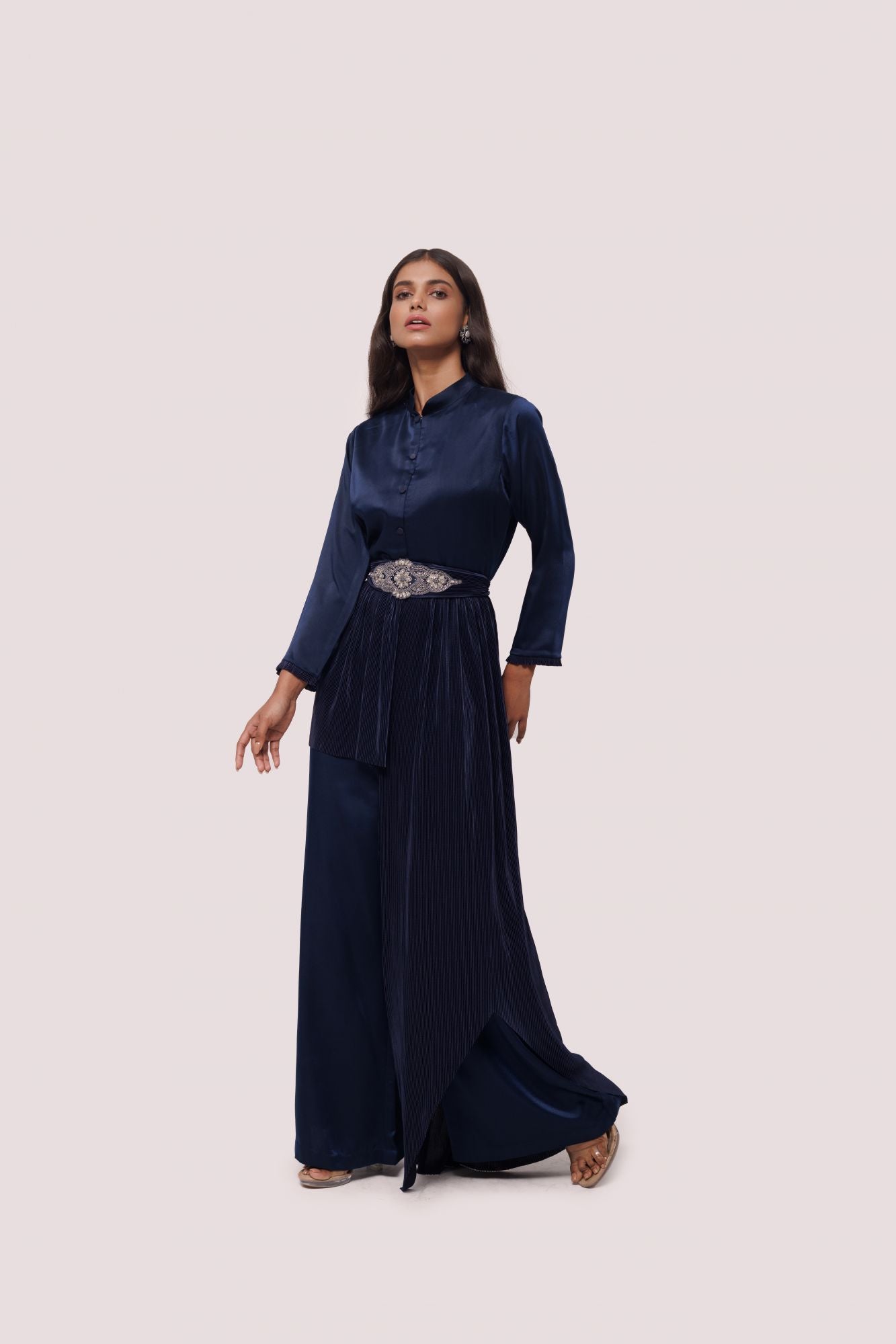 Shop navy blue silk Indowestern dress online in USA with embroidered belt. Shop the best and latest designs in embroidered sarees, designer sarees, Anarkali suit, lehengas, sharara suits for weddings and special occasions from Pure Elegance Indian fashion store in USA.-closeup