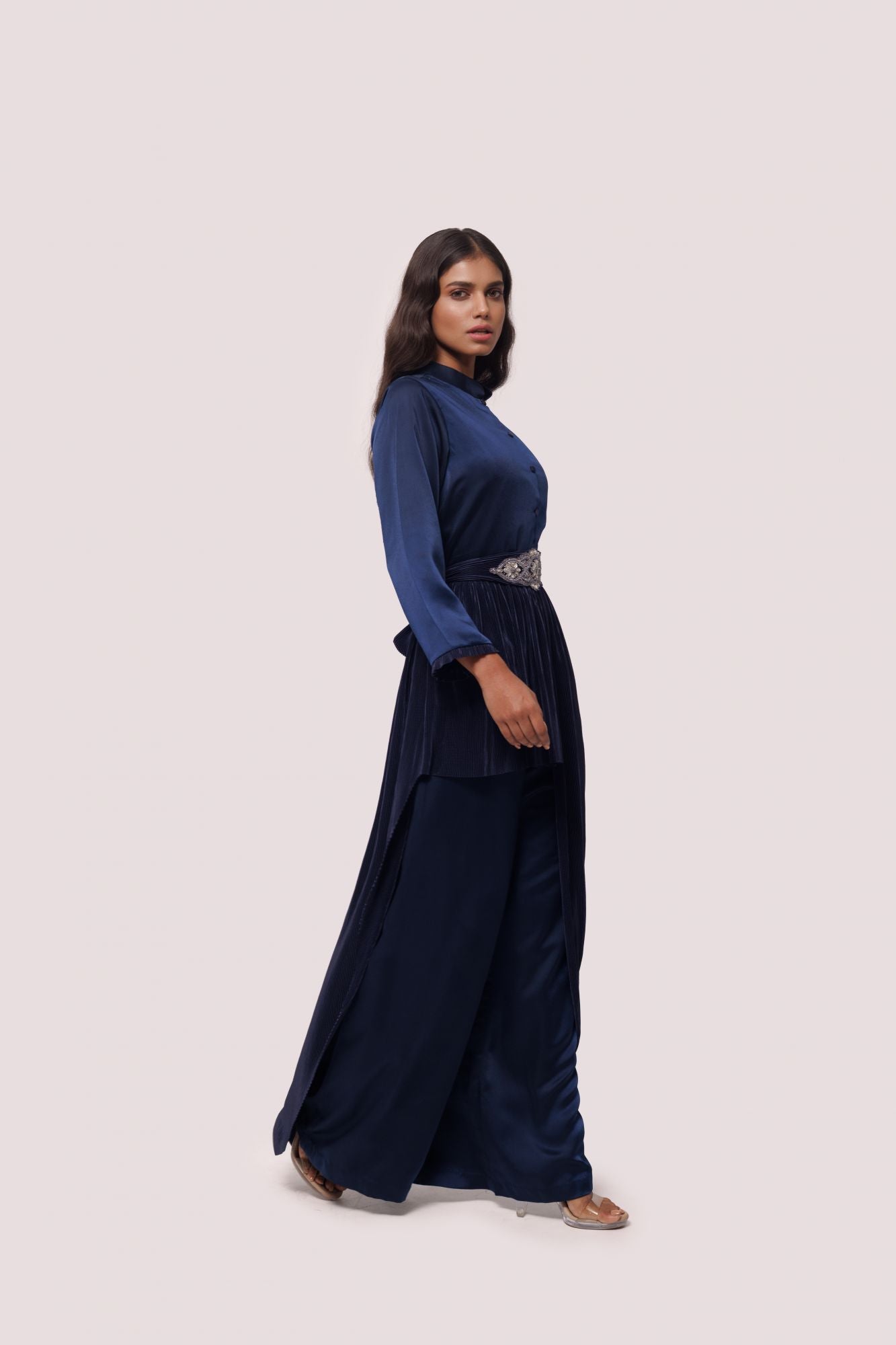 Shop navy blue silk Indowestern dress online in USA with embroidered belt. Shop the best and latest designs in embroidered sarees, designer sarees, Anarkali suit, lehengas, sharara suits for weddings and special occasions from Pure Elegance Indian fashion store in USA.-side