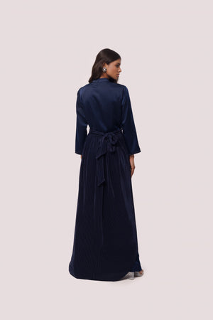 Shop navy blue silk Indowestern dress online in USA with embroidered belt. Shop the best and latest designs in embroidered sarees, designer sarees, Anarkali suit, lehengas, sharara suits for weddings and special occasions from Pure Elegance Indian fashion store in USA.-back