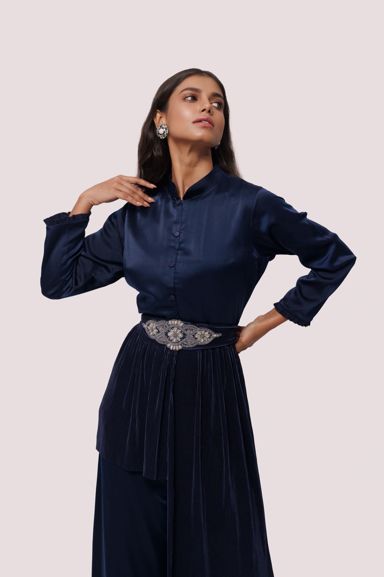 Shop navy blue silk Indowestern dress online in USA with embroidered belt. Shop the best and latest designs in embroidered sarees, designer sarees, Anarkali suit, lehengas, sharara suits for weddings and special occasions from Pure Elegance Indian fashion store in USA.-closeup