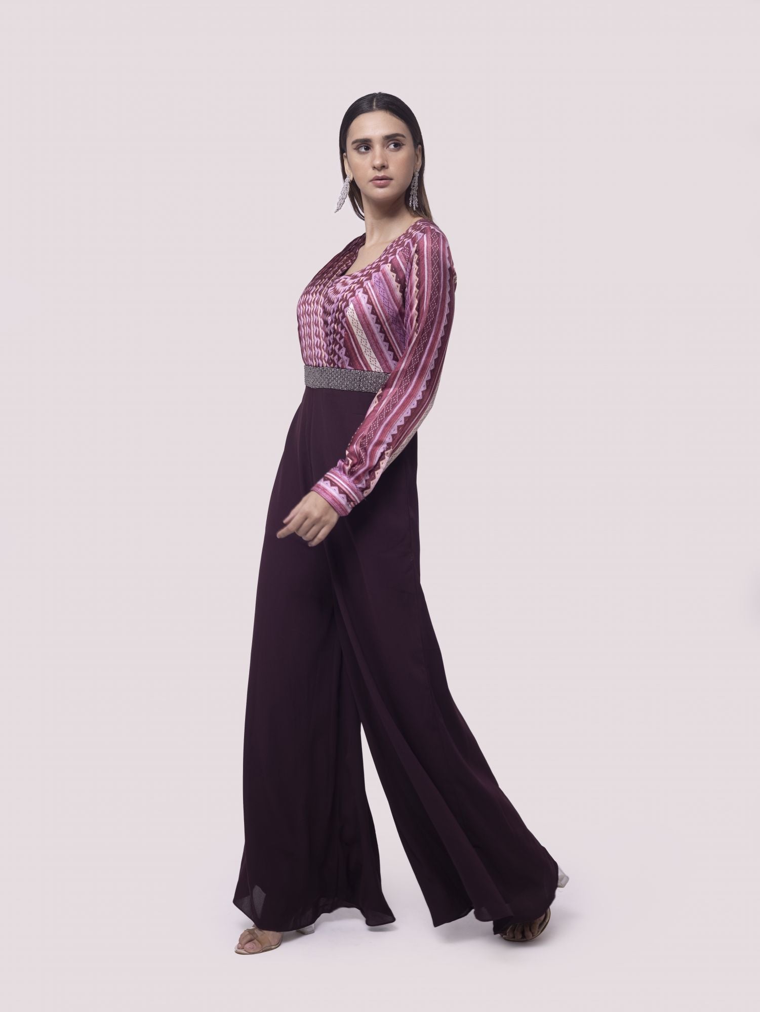 Buy wine color satin print georgette Indowestern dress online in USA. Shop the best and latest designs in embroidered sarees, designer sarees, Anarkali suit, lehengas, sharara suits for weddings and special occasions from Pure Elegance Indian fashion store in USA.-dress