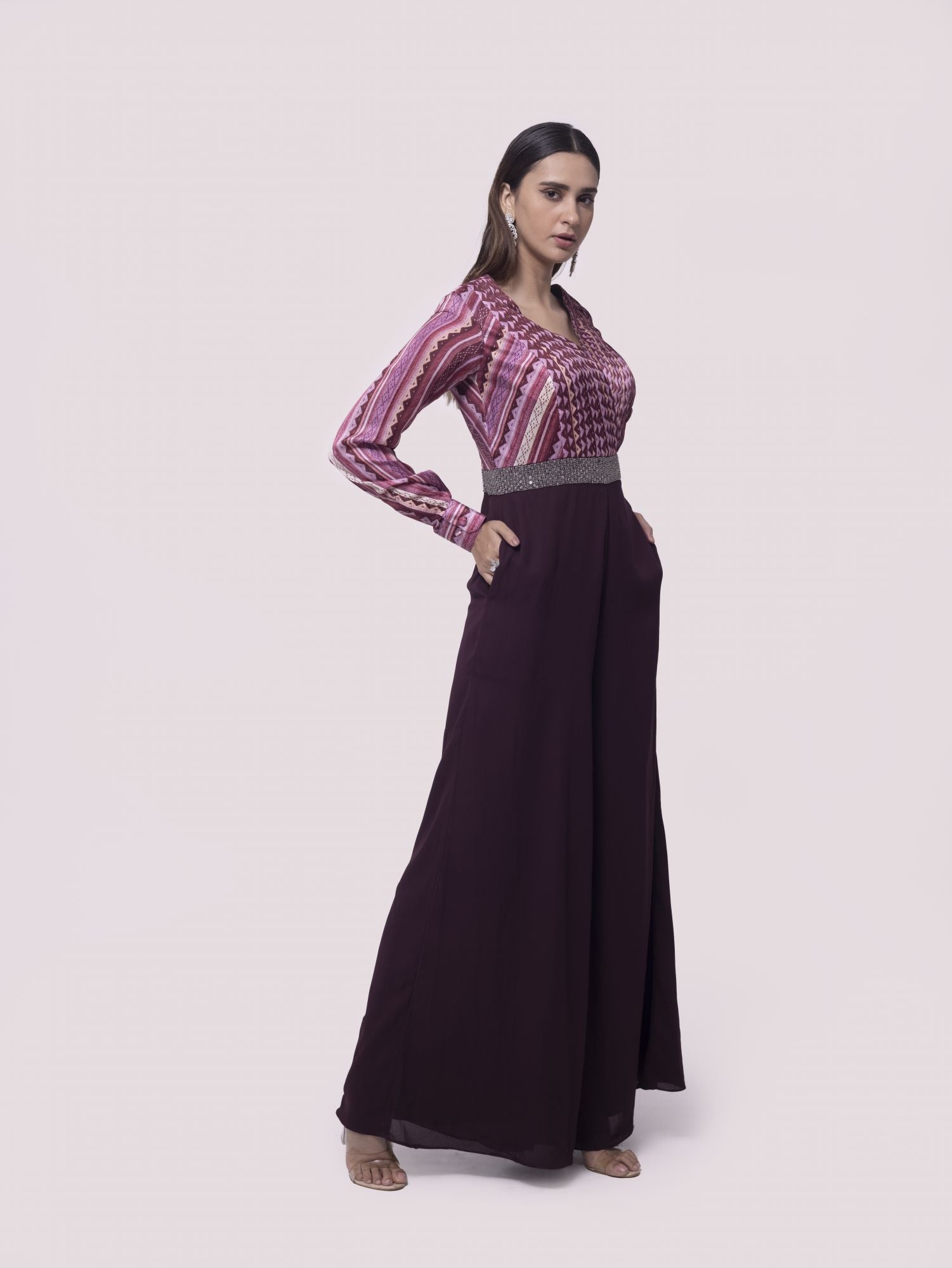 Buy wine color satin print georgette Indowestern dress online in USA. Shop the best and latest designs in embroidered sarees, designer sarees, Anarkali suit, lehengas, sharara suits for weddings and special occasions from Pure Elegance Indian fashion store in USA.-side