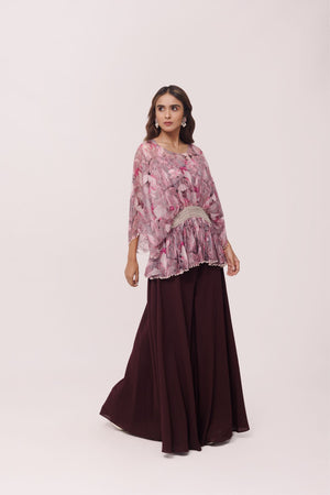 Shop stunning wine and pink printed top with palazzo online in USA. Shop the best and latest designs in embroidered sarees, designer sarees, Anarkali suit, lehengas, sharara suits for weddings and special occasions from Pure Elegance Indian fashion store in USA.-side