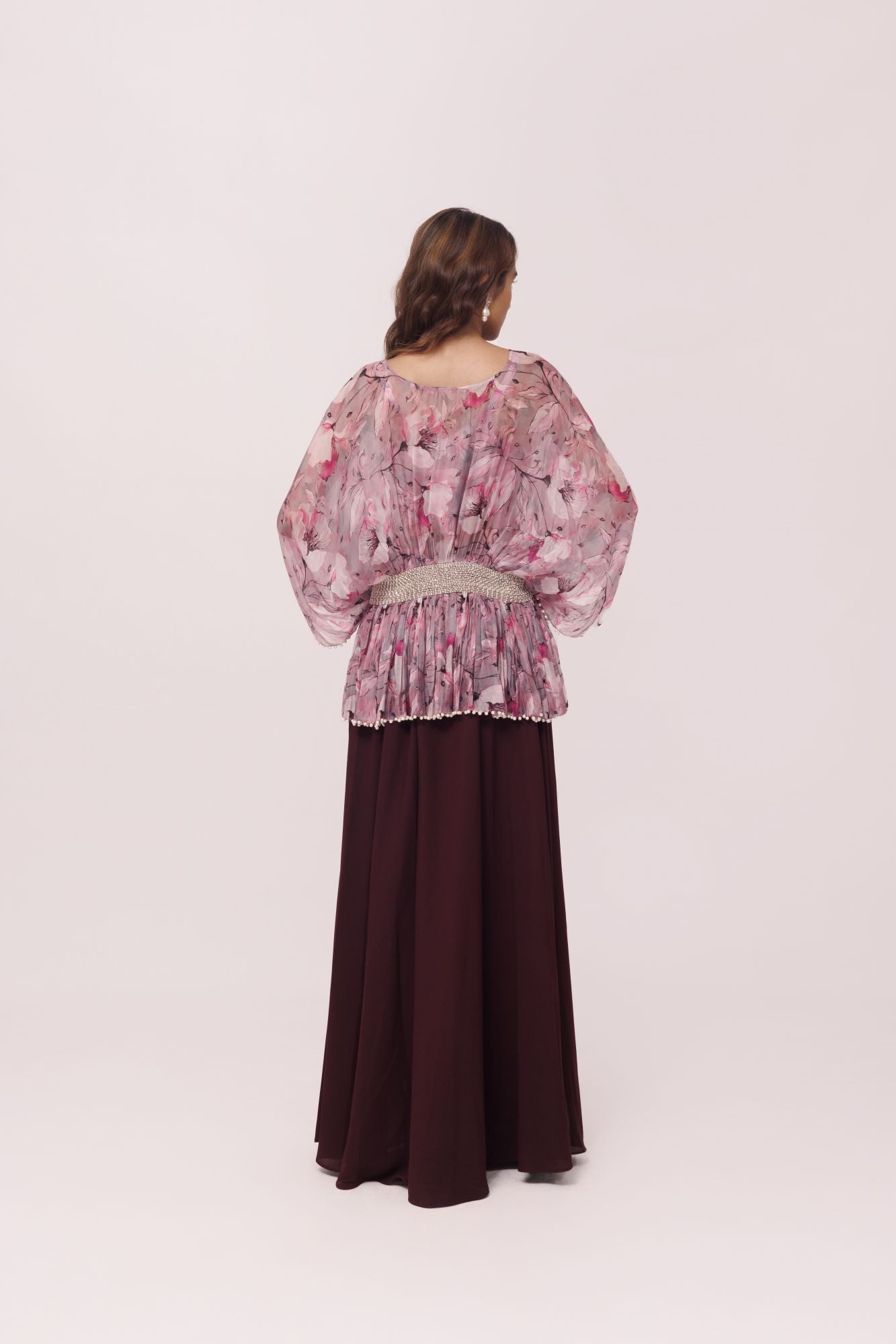 Shop stunning wine and pink printed top with palazzo online in USA. Shop the best and latest designs in embroidered sarees, designer sarees, Anarkali suit, lehengas, sharara suits for weddings and special occasions from Pure Elegance Indian fashion store in USA.-back