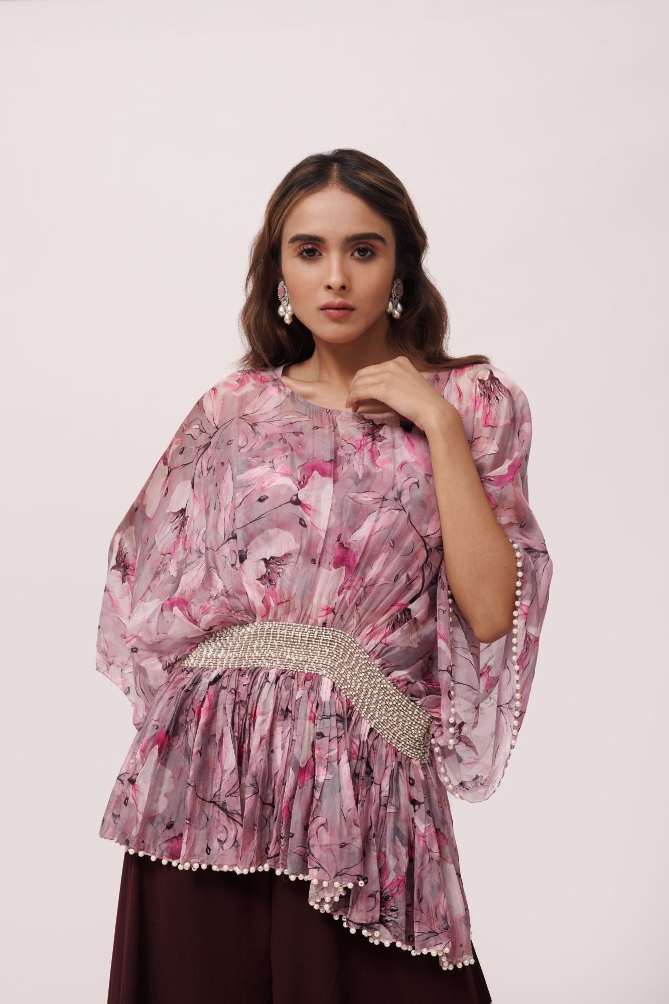 Shop stunning wine and pink printed top with palazzo online in USA. Shop the best and latest designs in embroidered sarees, designer sarees, Anarkali suit, lehengas, sharara suits for weddings and special occasions from Pure Elegance Indian fashion store in USA.-closeup