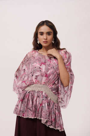 Shop stunning wine and pink printed top with palazzo online in USA. Shop the best and latest designs in embroidered sarees, designer sarees, Anarkali suit, lehengas, sharara suits for weddings and special occasions from Pure Elegance Indian fashion store in USA.-closeup