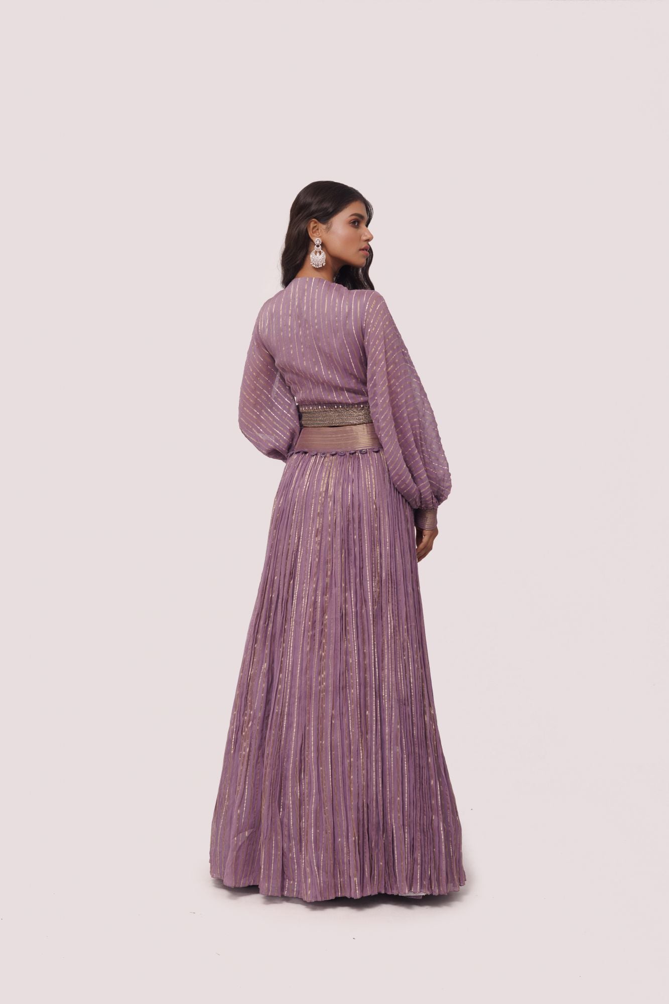Shop stunning dark lilac georgette maxi dress online in USA. Shop the best and latest designs in embroidered sarees, designer sarees, Anarkali suit, lehengas, sharara suits for weddings and special occasions from Pure Elegance Indian fashion store in USA.-back