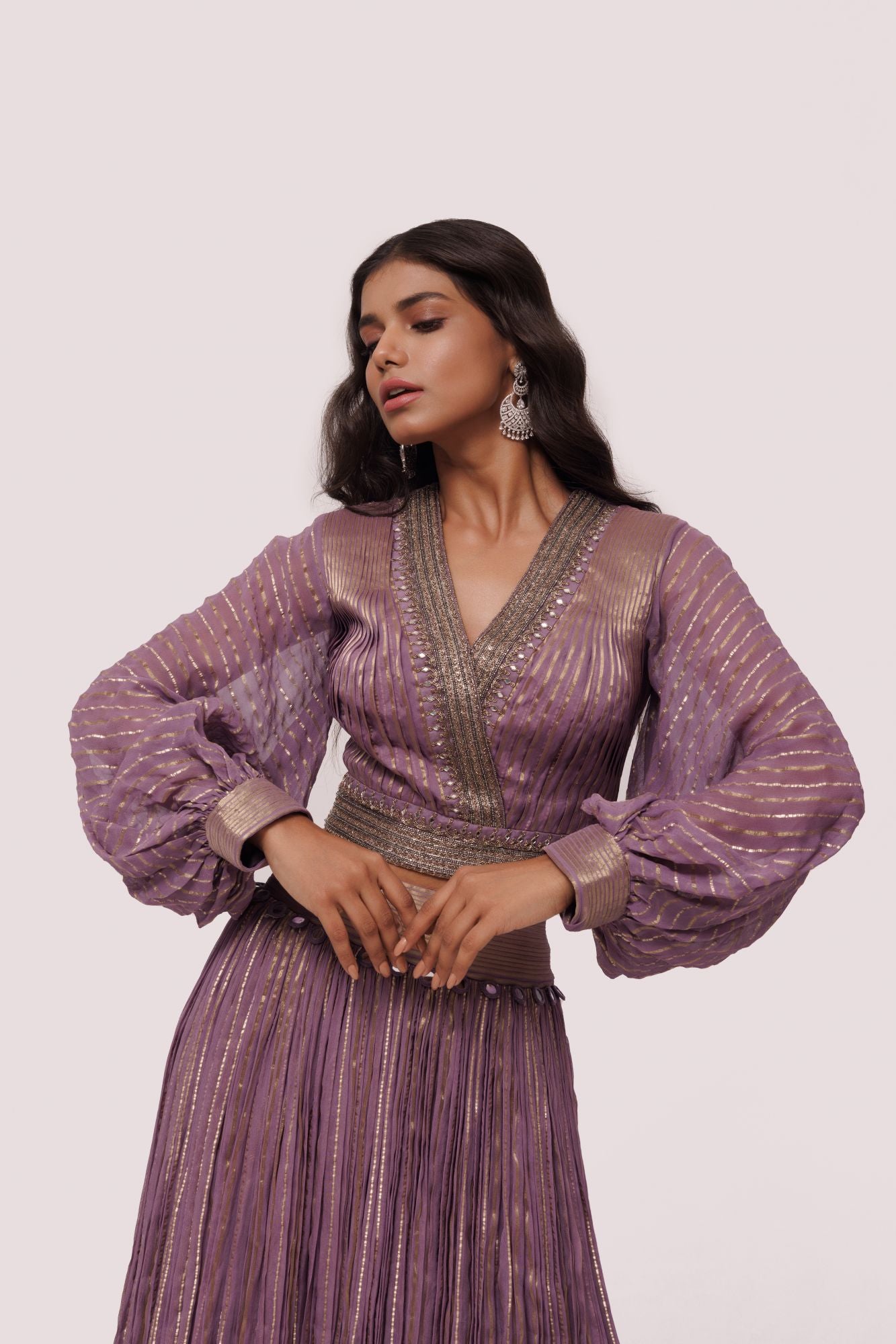 Shop stunning dark lilac georgette maxi dress online in USA. Shop the best and latest designs in embroidered sarees, designer sarees, Anarkali suit, lehengas, sharara suits for weddings and special occasions from Pure Elegance Indian fashion store in USA.-closeup