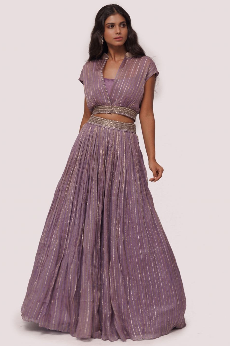 Shop stunning lilac raw silk and organza maxi dress online in USA. Shop the best and latest designs in embroidered sarees, designer sarees, Anarkali suit, lehengas, sharara suits for weddings and special occasions from Pure Elegance Indian fashion store in USA.-full view
