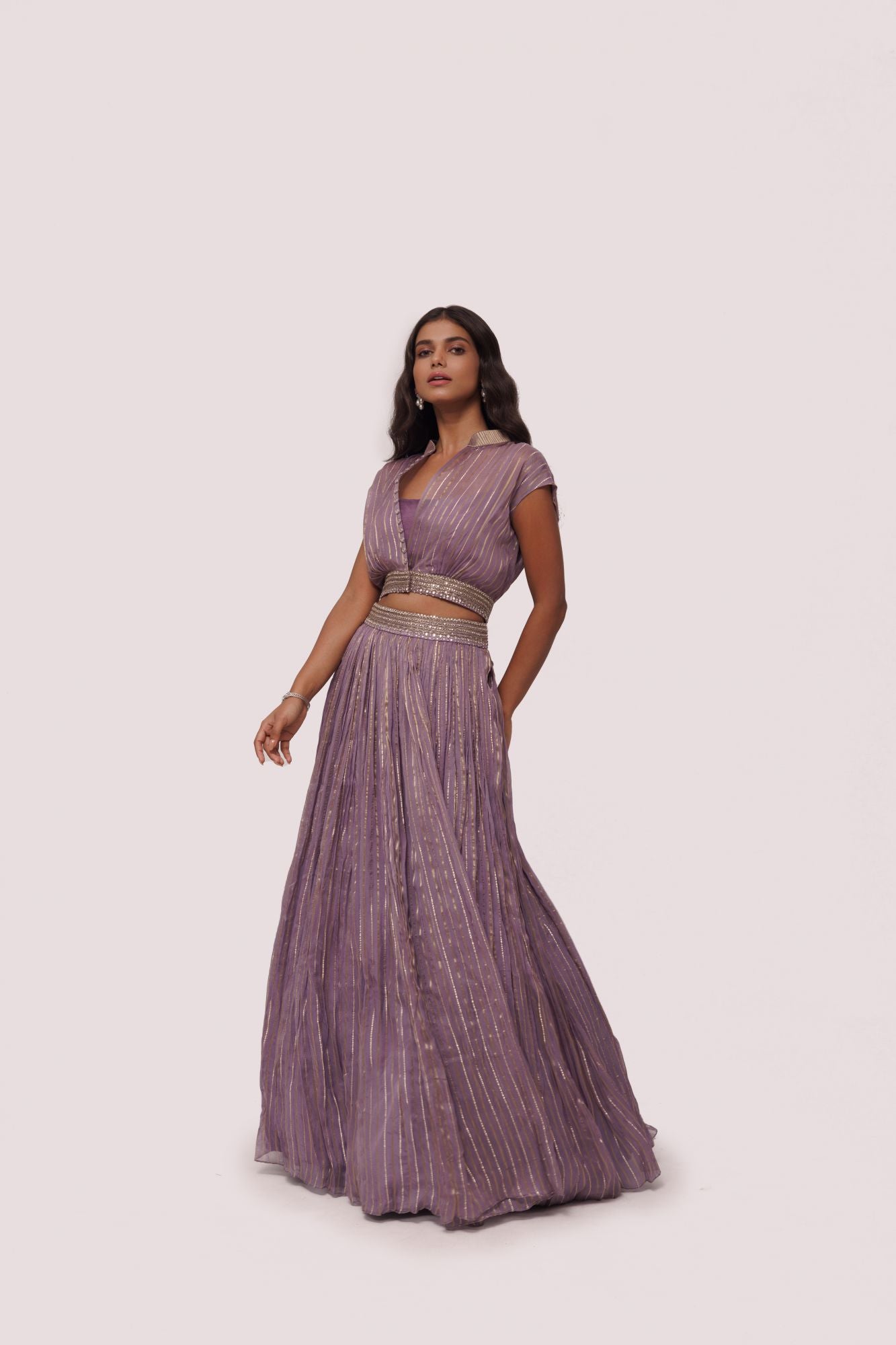 Shop stunning lilac raw silk and organza maxi dress online in USA. Shop the best and latest designs in embroidered sarees, designer sarees, Anarkali suit, lehengas, sharara suits for weddings and special occasions from Pure Elegance Indian fashion store in USA.-lehenga