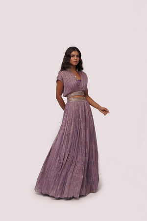 Shop stunning lilac raw silk and organza maxi dress online in USA. Shop the best and latest designs in embroidered sarees, designer sarees, Anarkali suit, lehengas, sharara suits for weddings and special occasions from Pure Elegance Indian fashion store in USA.-side