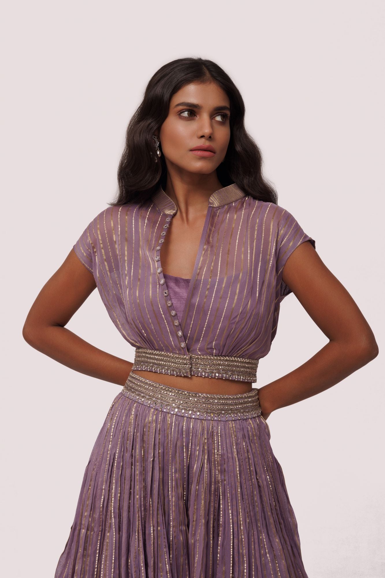 Shop stunning lilac raw silk and organza maxi dress online in USA. Shop the best and latest designs in embroidered sarees, designer sarees, Anarkali suit, lehengas, sharara suits for weddings and special occasions from Pure Elegance Indian fashion store in USA.-closeup