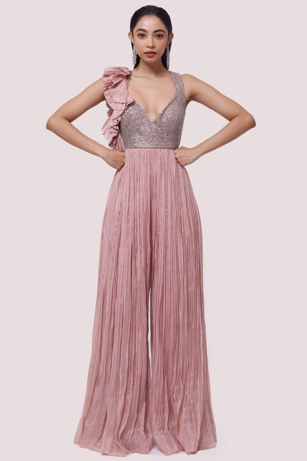 Shop stunning dusty pink embroidered organza jumpsuit online in USA. Shop the best and latest designs in embroidered sarees, designer sarees, Anarkali suit, lehengas, sharara suits for weddings and special occasions from Pure Elegance Indian fashion store in USA.-full view