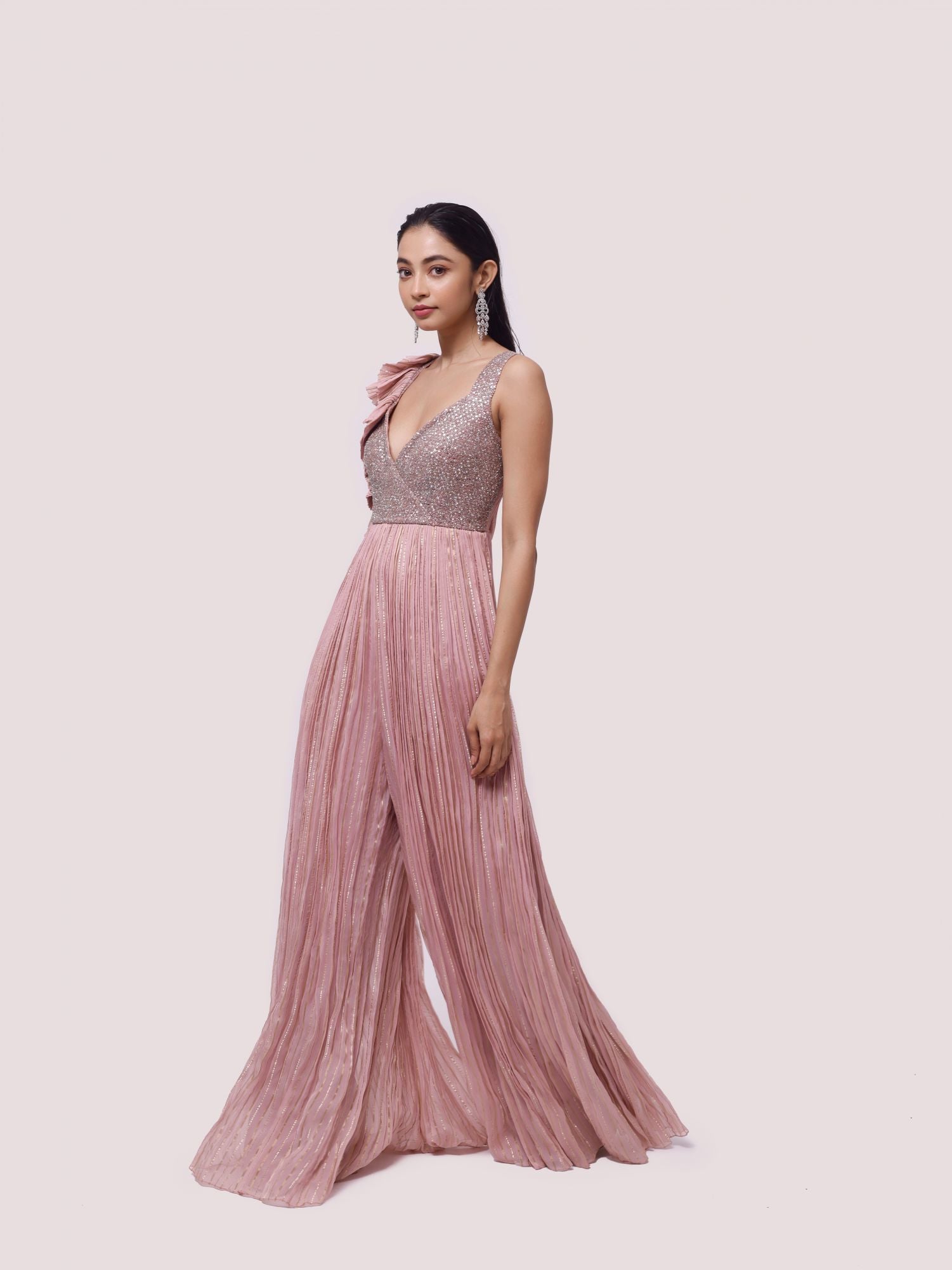 Shop stunning dusty pink embroidered organza jumpsuit online in USA. Shop the best and latest designs in embroidered sarees, designer sarees, Anarkali suit, lehengas, sharara suits for weddings and special occasions from Pure Elegance Indian fashion store in USA.-jumpsuit