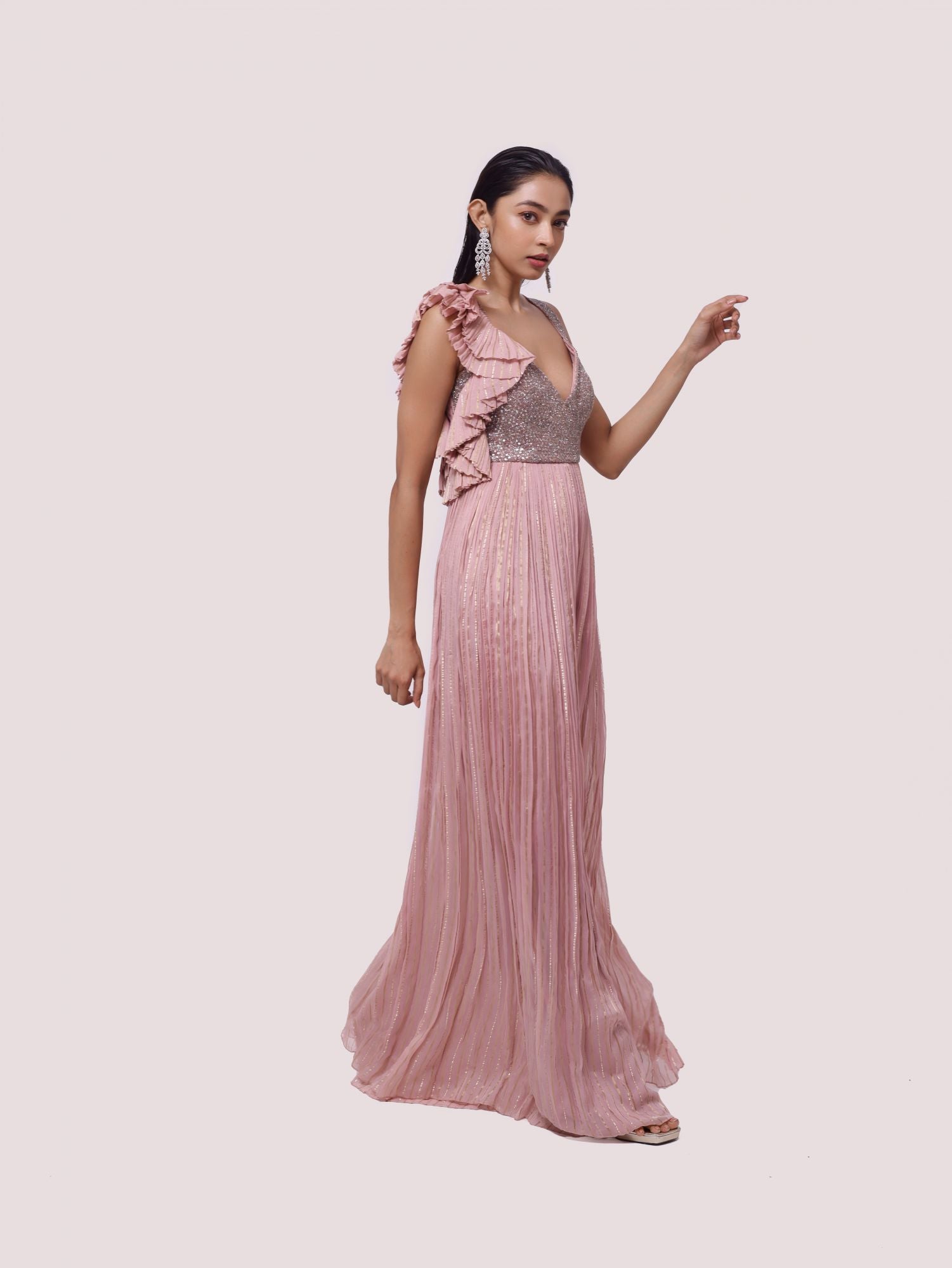 Shop stunning dusty pink embroidered organza jumpsuit online in USA. Shop the best and latest designs in embroidered sarees, designer sarees, Anarkali suit, lehengas, sharara suits for weddings and special occasions from Pure Elegance Indian fashion store in USA.-side