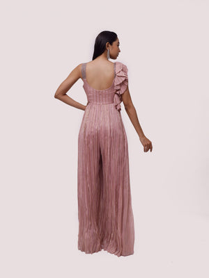 Shop stunning dusty pink embroidered organza jumpsuit online in USA. Shop the best and latest designs in embroidered sarees, designer sarees, Anarkali suit, lehengas, sharara suits for weddings and special occasions from Pure Elegance Indian fashion store in USA.-back