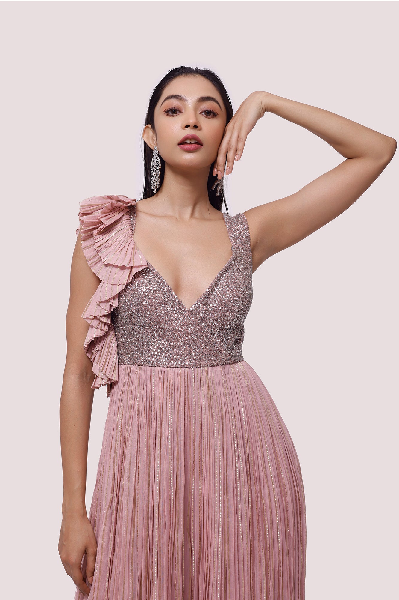 Shop stunning dusty pink embroidered organza jumpsuit online in USA. Shop the best and latest designs in embroidered sarees, designer sarees, Anarkali suit, lehengas, sharara suits for weddings and special occasions from Pure Elegance Indian fashion store in USA.-closeup