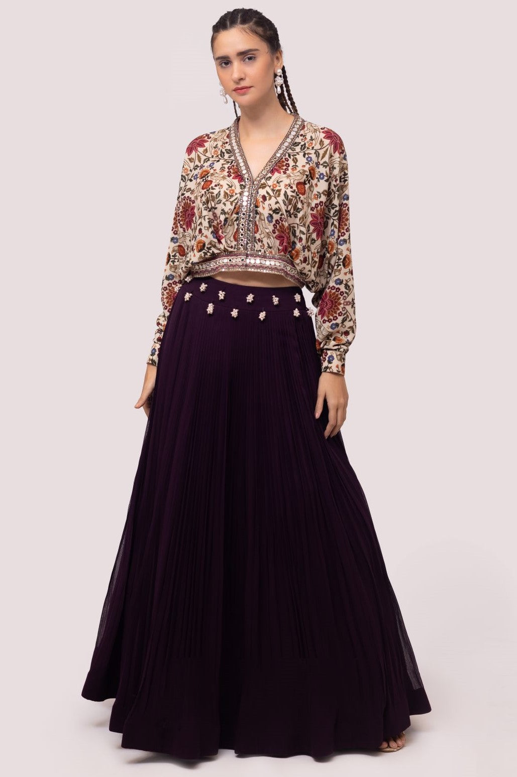 Shop wine and cream embroidered floral skirt set online in USA. Shop the best and latest designs in embroidered sarees, designer sarees, Anarkali suit, lehengas, sharara suits for weddings and special occasions from Pure Elegance Indian fashion store in USA.-full view