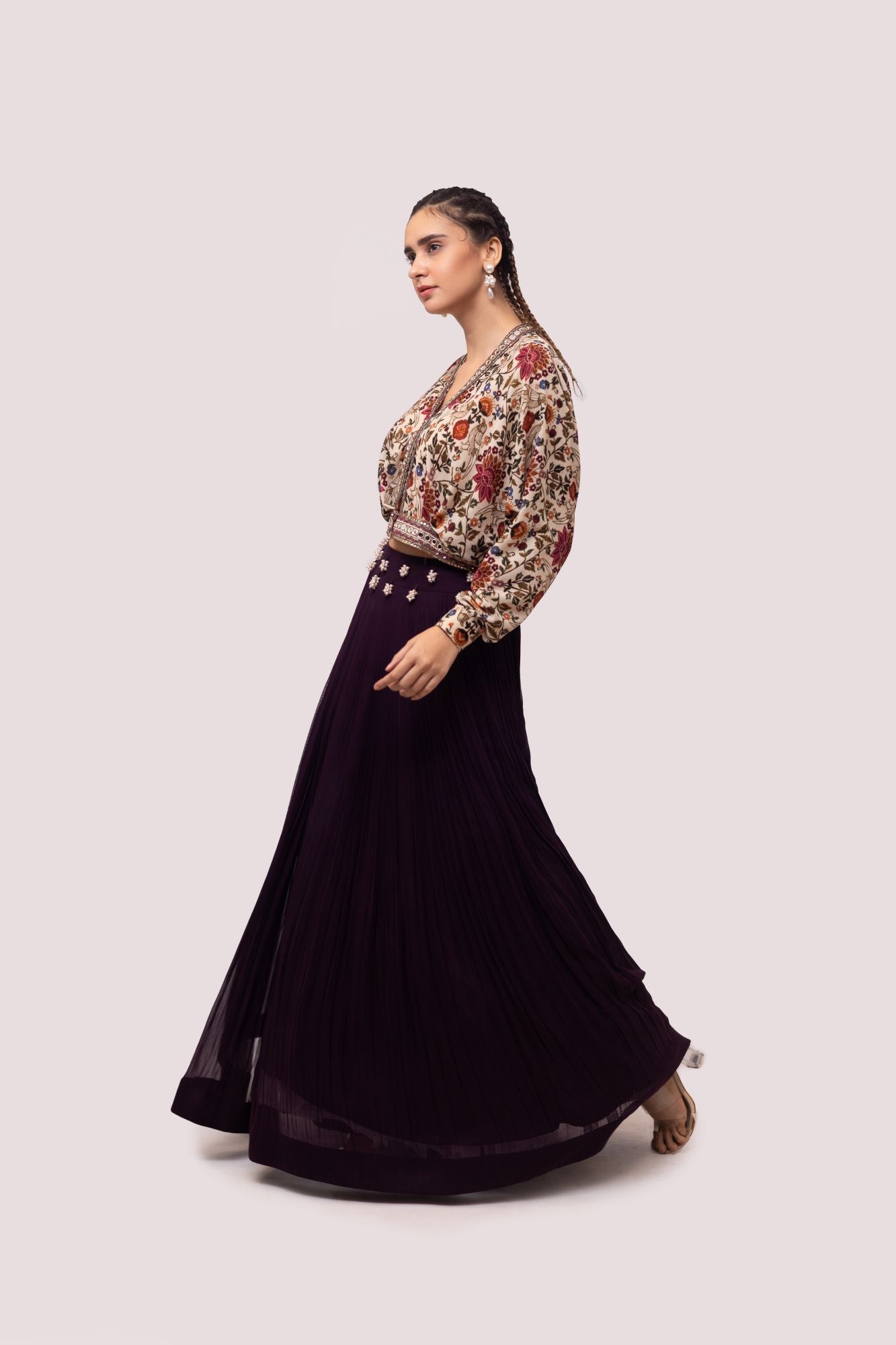 Shop wine and cream embroidered floral skirt set online in USA. Shop the best and latest designs in embroidered sarees, designer sarees, Anarkali suit, lehengas, sharara suits for weddings and special occasions from Pure Elegance Indian fashion store in USA.-skirt set