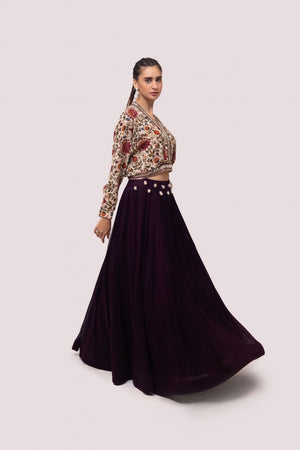 Shop wine and cream embroidered floral skirt set online in USA. Shop the best and latest designs in embroidered sarees, designer sarees, Anarkali suit, lehengas, sharara suits for weddings and special occasions from Pure Elegance Indian fashion store in USA.-side