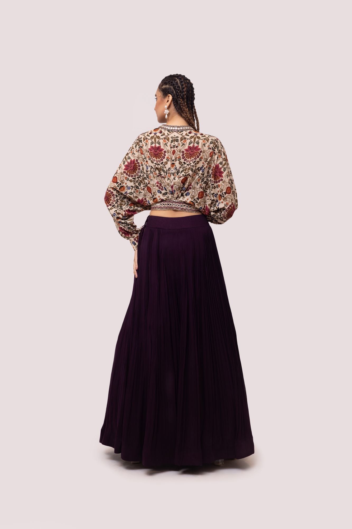 Shop wine and cream embroidered floral skirt set online in USA. Shop the best and latest designs in embroidered sarees, designer sarees, Anarkali suit, lehengas, sharara suits for weddings and special occasions from Pure Elegance Indian fashion store in USA.-back