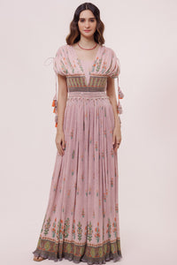 Buy stunning light pink crushed fabric jumpsuit online in USA. Shop the best and latest designs in embroidered sarees, designer sarees, Anarkali suit, lehengas, sharara suits for weddings and special occasions from Pure Elegance Indian fashion store in USA.-full view