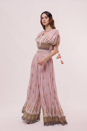 Buy stunning light pink crushed fabric jumpsuit online in USA. Shop the best and latest designs in embroidered sarees, designer sarees, Anarkali suit, lehengas, sharara suits for weddings and special occasions from Pure Elegance Indian fashion store in USA.-jumpsuit