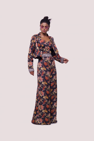Shop brown multicolor floral satin pant suit online in USA with jacket. Shop the best and latest designs in embroidered sarees, designer sarees, Anarkali suit, lehengas, sharara suits for weddings and special occasions from Pure Elegance Indian fashion store in USA.-side