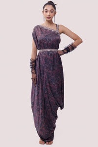 Buy stunning black satin printed faux draped kurta set online in USA. Shop the best and latest designs in embroidered sarees, designer sarees, Anarkali suit, lehengas, sharara suits for weddings and special occasions from Pure Elegance Indian fashion store in USA.-full view