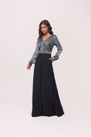 Shop beautiful blue and black satin and georgette Indowestern dress online in USA. Shop the best and latest designs in embroidered sarees, designer sarees, Anarkali suit, lehengas, sharara suits for weddings and special occasions from Pure Elegance Indian fashion store in USA.-dress