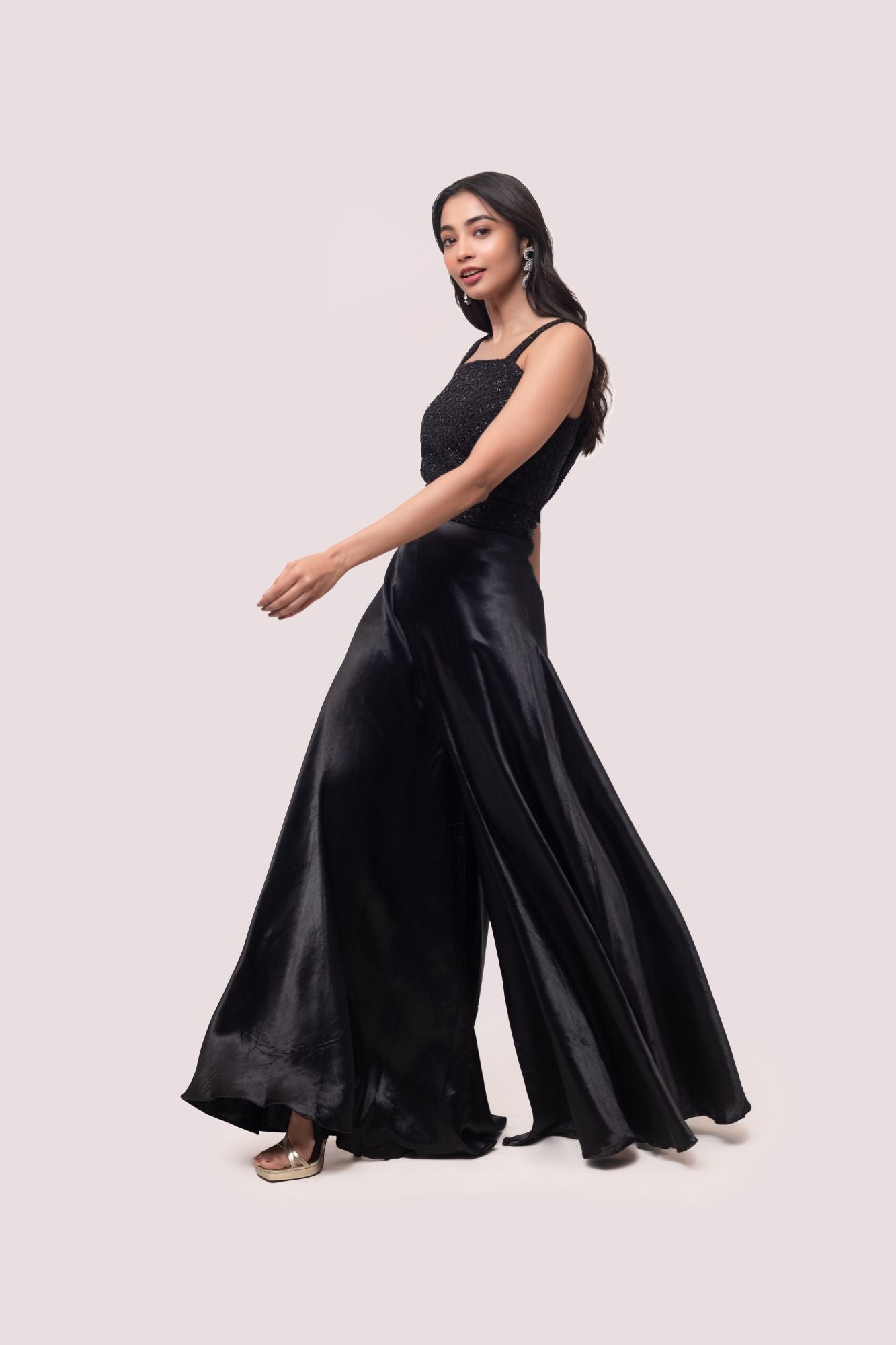 Buy stunning black embellished silk jumpsuit online in USA. Shop the best and latest designs in embroidered sarees, designer sarees, Anarkali suit, lehengas, sharara suits for weddings and special occasions from Pure Elegance Indian fashion store in USA.-jumpsuit