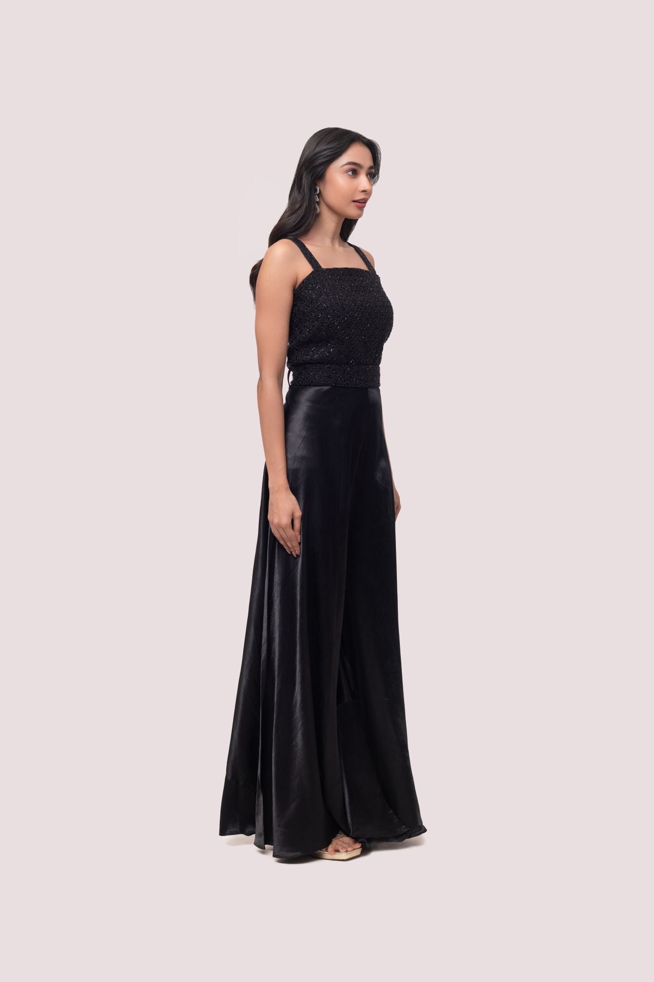 Buy stunning black embellished silk jumpsuit online in USA. Shop the best and latest designs in embroidered sarees, designer sarees, Anarkali suit, lehengas, sharara suits for weddings and special occasions from Pure Elegance Indian fashion store in USA.-side